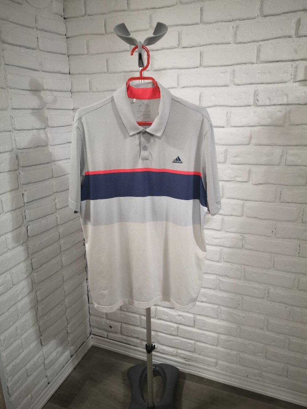Adidas Climacool Men's Size Large Grey Navy & White Short Sleeves Polo Shirt